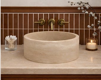 Travertine Round Vessel Sink, Natural Stone Farmhouse Bathroom Basin,  Powder Room Vanity Countertop