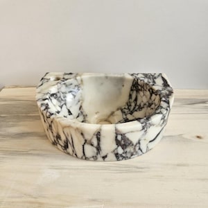 Small Calacatta Viola Marble Vessel Sink, D-Shape Purple Vein Powder Room Basin, Faucet Hole