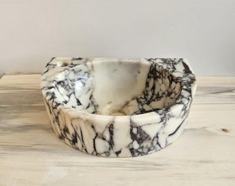 Small Calacatta Viola Marble Vessel Sink, D-Shape Purple Vein Powder Room Basin, Faucet Hole