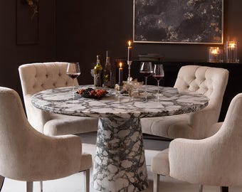 Calacatta Viola Marble Dining Table, Round Pedestal Base Italian Stone Furniture for Dining Room