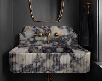 Geriffelte Calacatta Viola Marmor Wandhalterung Waschbecken mit Aufkantung, luxuriöse schwimmende Gästetoilette