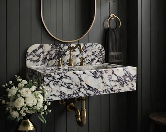 28" Calacatta Viola Marble Wall Mount Sink with Backsplash, Rectangular Powder Room Floating Basin