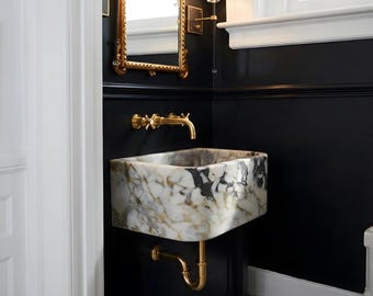 Calacatta Viola Marble Wall Mount Sink Small Vanity, Rectangular Powder Room Elegant Basin, 14''x10''x8''