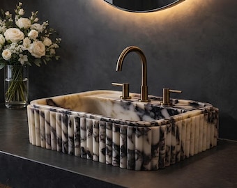 Fluted Calacatta Viola Wall Mount Sink, Small Rectangular Marble Basin for Powder Room Bathroom