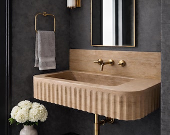 Fluted Travertine Wall Mount Sink, Basin with Backsplash and Right Counter for Powder Room