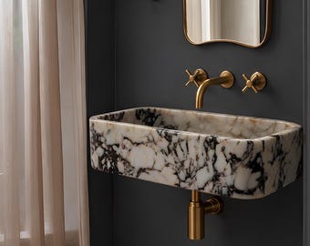 Calacatta Viola Marble Wall Mount Sink Rectangular Bathroom Basin for Powder Room Floating Vanity