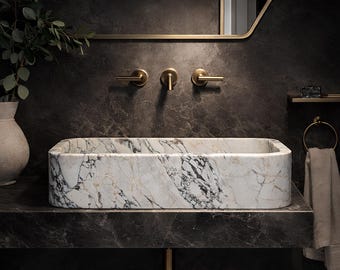 Calacatta Viola Marble Wall Mount Sink, Small Rectangular Floating Basin for Powder Room Basin