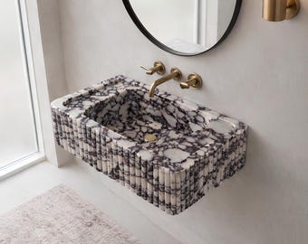 Calacatta Viola Marble Fluted Wall Mount Sink, Rectangular Powder Room Bathroom Stone Basin