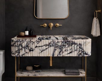 Fluted Calacatta Viola Wall Mount Sink, Hand Carved Rectangular Luxury Powder Room Vanity Basin