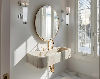 Calacatta Gold Wall Mount Sink 32” Floating Marble Vanity, Rectangular Gold Powder Room Basin
