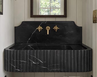 Fluted Nero Marquina Wall Mount Sink, Handmade Marble Basin with Backsplash for Powder Room