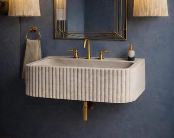 Travertine Wall Mount Sink with Fluted, Rectangular Rustic Farmhouse Bathroom Basin with Faucet Hole