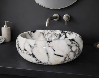 Round Calacatta Viola Marble Vessel Sink, Small Powder Room Vanity Basin, Farmhouse Countertop Bowl