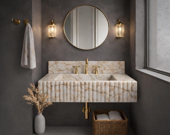 Calacatta Gold Fluted Floating Vanity Sink with Backsplash, Handmade Marble Wall Mount Bathroom Basin