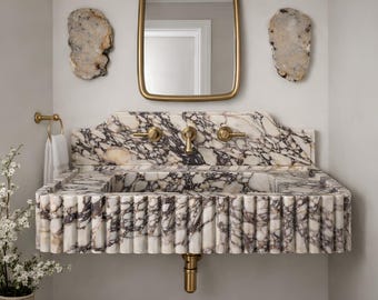 Fluted Calacatta Viola Marble Sink, Floating Vanity Purple Vein Backsplash Powder Room Bathroom Basin