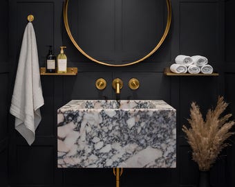 Calacatta Viola Marble Wall Mount Sink, Handmade Rectangular Farmhouse Bathroom & Powder Room Vanity Basin