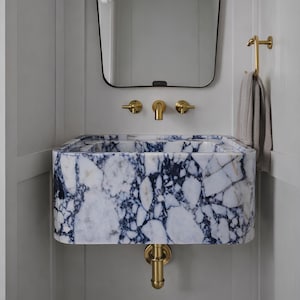 Calacatta Viola Wall Mount Sink, Small Rectangular Purple Veined Marble Basin Luxury Powder Room