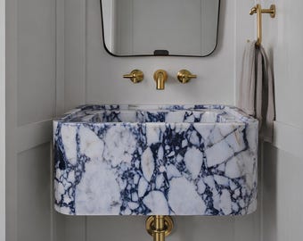 Calacatta Viola Wall Mount Sink, Small Rectangular Purple Veined Marble Basin Luxury Powder Room