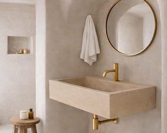Travertine Wall Mount Sink, Rustic Farmhouse Bathroom Rectangular Beige Stone Powder Room Basin
