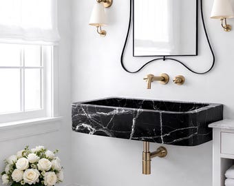 Nero Marquina Marble Wall Mount Sink, Rectangular Black Stone Luxury Powder Room Bathroom Basin