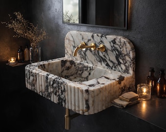 Calacatta Viola Marble Wall Mounted Sink | Floating Marble Vanity | Hand Carved from a Single Block | Custom Bathroom Basin
