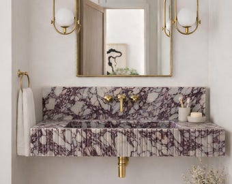 Fluted Calacatta Viola Marble Sink, Floating Vanity Purple Vein Backsplash Powder Room Bathroom Basin