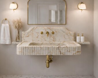 Fluted Calacatta Gold Wall Mount Sink with Backsplash, Custom Marble Farmhouse Basin Faucet Hole