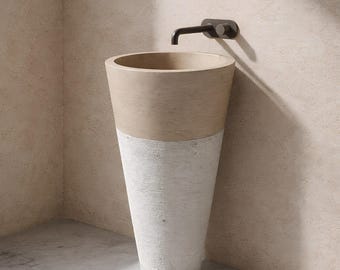Split Face Travertine Pedestal Sink, Chiseled Handcarved Rustic Farmhouse Stone Powder Room Bathroom