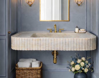 30" Fluted Calacatta Gold Marble Wall Mount Sink, Ribbed Rectangular Powder Room Bathroom Basin