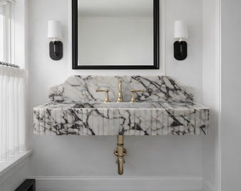 Calacatta Viola Fluted Wall Mount Sink with Backsplash, Sculptural Marble Powder Room Vanity Basin