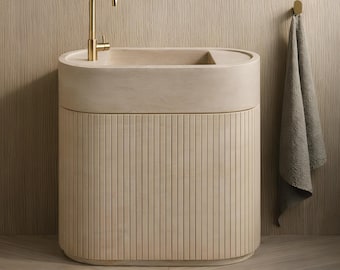 30" Fluted Travertine Pedestal Sink, Hand-Carved Stone Vanity Basin for Rustic Farmhouse Bathroom