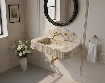 Fluted Calacatta Gold Marble Wall Mount Sink with Backsplash, Floating Powder Room Vanity Basin