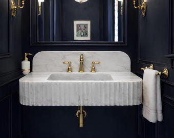 Fluted Carrara Marble Wall Mount Sink with Backsplash, White Powder Room Basin, Faucet Hole