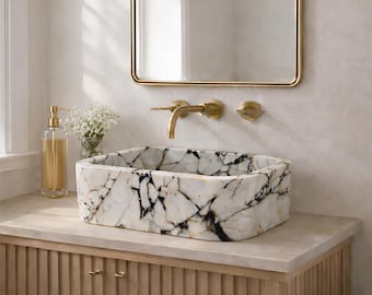 Pia de apoio pequena em mármore Calacatta Viola com veios roxos, cuba personalizada para lavabo.