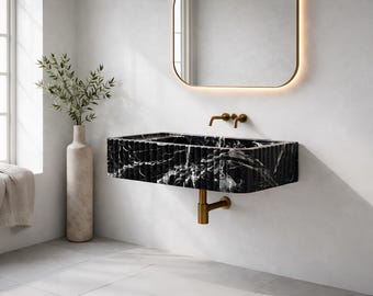 Nero Marquina Fluted Wall Mount Sink 24" Floating Marble Vanity, Rectangular Powder Room Basin