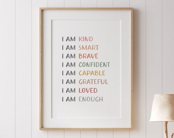 Affermazioni per bambini Affermazioni Stampa Sono gentile, intelligente, amato Citazione ispiratrice Stampabile Arte murale Decorazione per la cameretta dei bambini DOWNLOAD DIGITALE