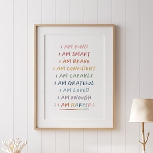 Personalised Affirmations for Kids Affirmations Print I am Kind Smart Loved Inspirational Quote Personalised Name Print Nursery Decor