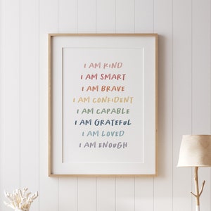 Impression d'affirmations pour les enfants Je suis gentil, intelligent, aimé, citation inspirante, art mural imprimable, décoration de chambre d'enfant