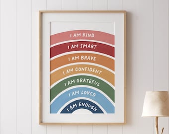 Affirmations for Kids, Rainbow Affirmations Print, I am Kind Smart Loved, Inspirational Nursery Decor, PRINTABLE Wall Art, DIGITAL DOWNLOAD