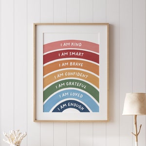 Rainbow Affirmations Wall Art Positive Affirmations for Kids I am Kind Smart Brave Loved Enough Inspirational Nursery Decor PRINTABLE Art