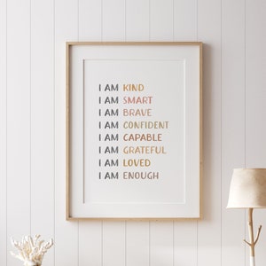 Affirmations pour enfants Impression d'affirmations Je suis gentil, intelligent, aimé, citation inspirante, art mural imprimable, décoration de chambre d'enfant, téléchargement numérique