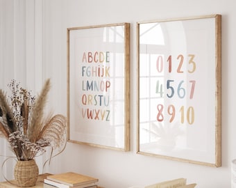 Rainbow Alphabet and Numbers Posters ABC 123 Printable Set of 2 Prints Kids Room Decor Educational Posters Digital Download
