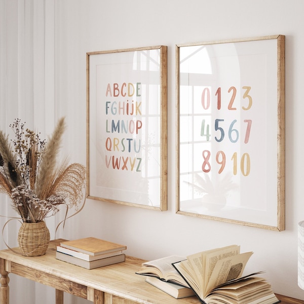 Rainbow Alphabet and Numbers Posters | ABC 123 Printable Set of 2 Prints | Kids Room Decor | Educational Posters | Digital Download