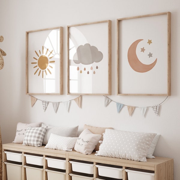 Neutral Cloud Moon and Sun Set of 3 Prints Gender Neutral Nursery Decor Boho Kids Room Decor PRINTABLE Wall Art DIGITAL DOWNLOAD
