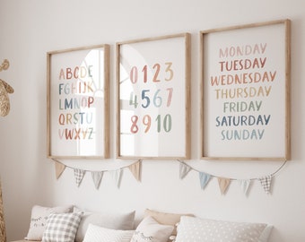 Rainbow Wall Art Set of 3 Prints Rainbow Alphabet Numbers and Days of the Week Printable Wall Art Nursery Decor DIGITAL DOWNLOAD