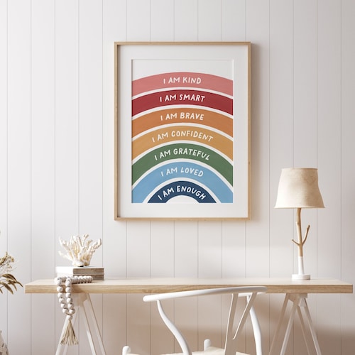 Rainbow Affirmations Wall Art Positive Affirmations for Kids I am Kind Smart Brave Loved Enough Inspirational Nursery Decor PRINTABLE Art
