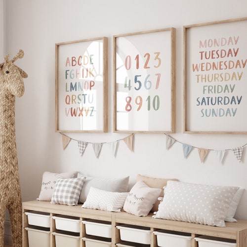 Rainbow Wall Art Set of 3 Prints Rainbow Alphabet Numbers and Days of the Week Printable Wall Art Nursery Decor DIGITAL DOWNLOAD