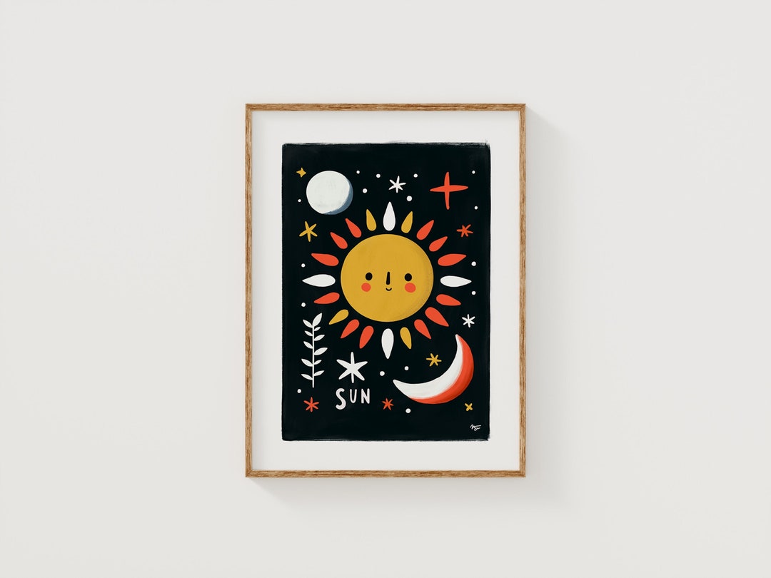 Sun and Moon Kids Wall Art Colorful Nursery Folk Art Decor Sun and Moon