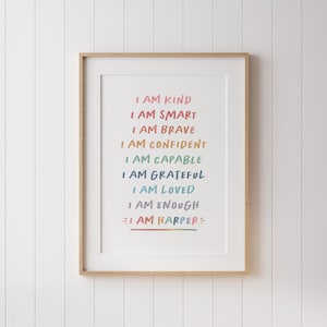 "Personalisierte Affirmationen für Kinder Affirmations Print ""Ich bin Kind Smart Loved geliebt"" Inspirierende Zitat personalisierte Name Print Kinderzimmer Dekor."