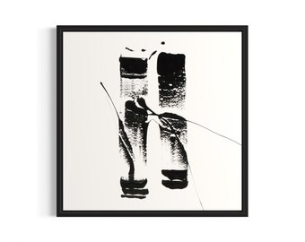May include: Black and white abstract painting with a bold, brushstroke design. The painting features a large, vertical stroke that resembles the letter "H".